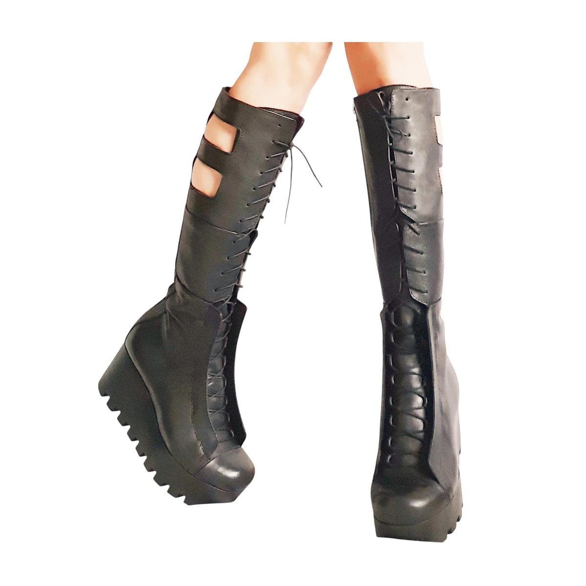 Black Greek Gladiator Boots, Knee High Platform Booties, Closed Toe Gothic Shoes