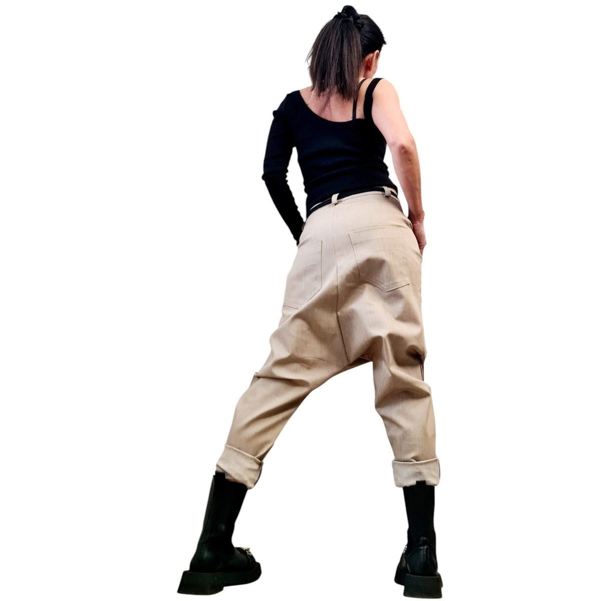 Beige Denim Harem Pants, Loose Drop Crotch Pants, Oversized Baggy Jeans, Plus Size Trousers