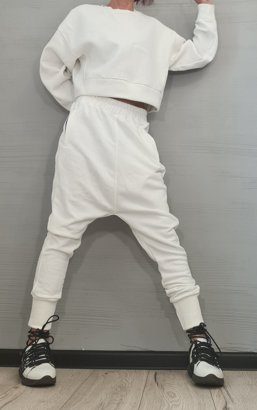 White Cotton Drop Crotch Harem Pants, French Terry Blouse Set