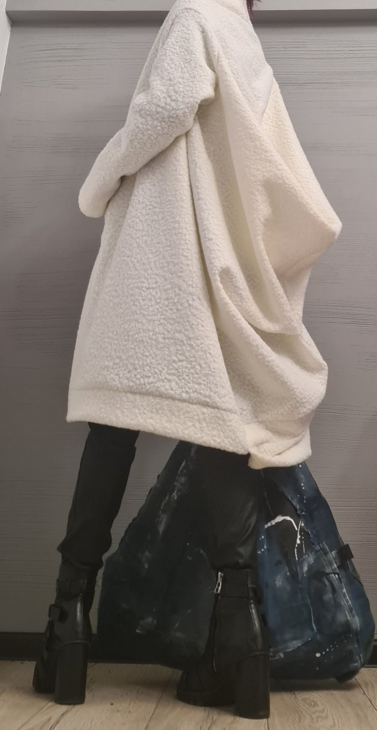 White Bouclé Wool Coat, Long Asymmetric Oversized Jacket, Plus Size Cocoon Cardigan