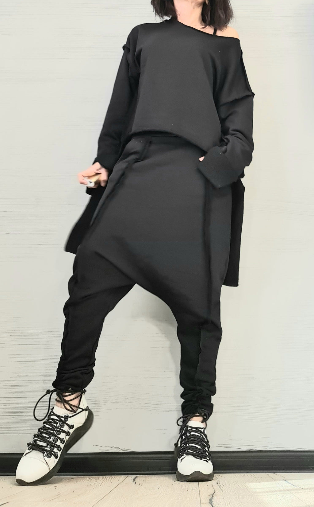 Black Cotton Drop Crotch Pants, Asymmetrical Blouse, Wide Cuffs,  Two-Piece French Terry Co-Ord Set