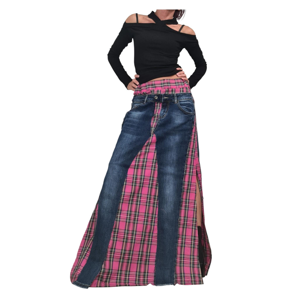 Deconstructed Denim Pink Plaid Maxi Skirt, Avant Garde Cotton Skirt
