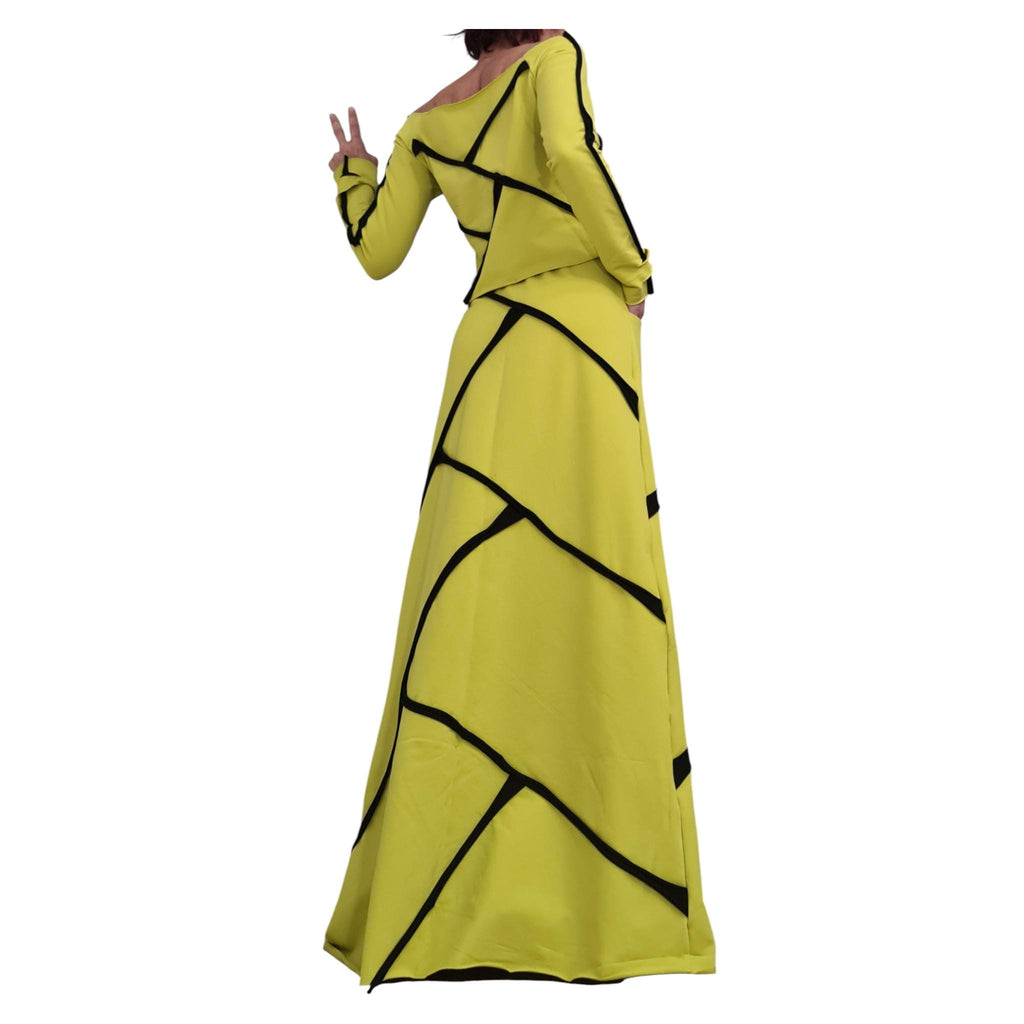 Pistachio Cotton High Waist Maxi Skirt, Asymmetrical Cropped Long-Sleeve Blouse, Contrast Trim, Co-Ord Set