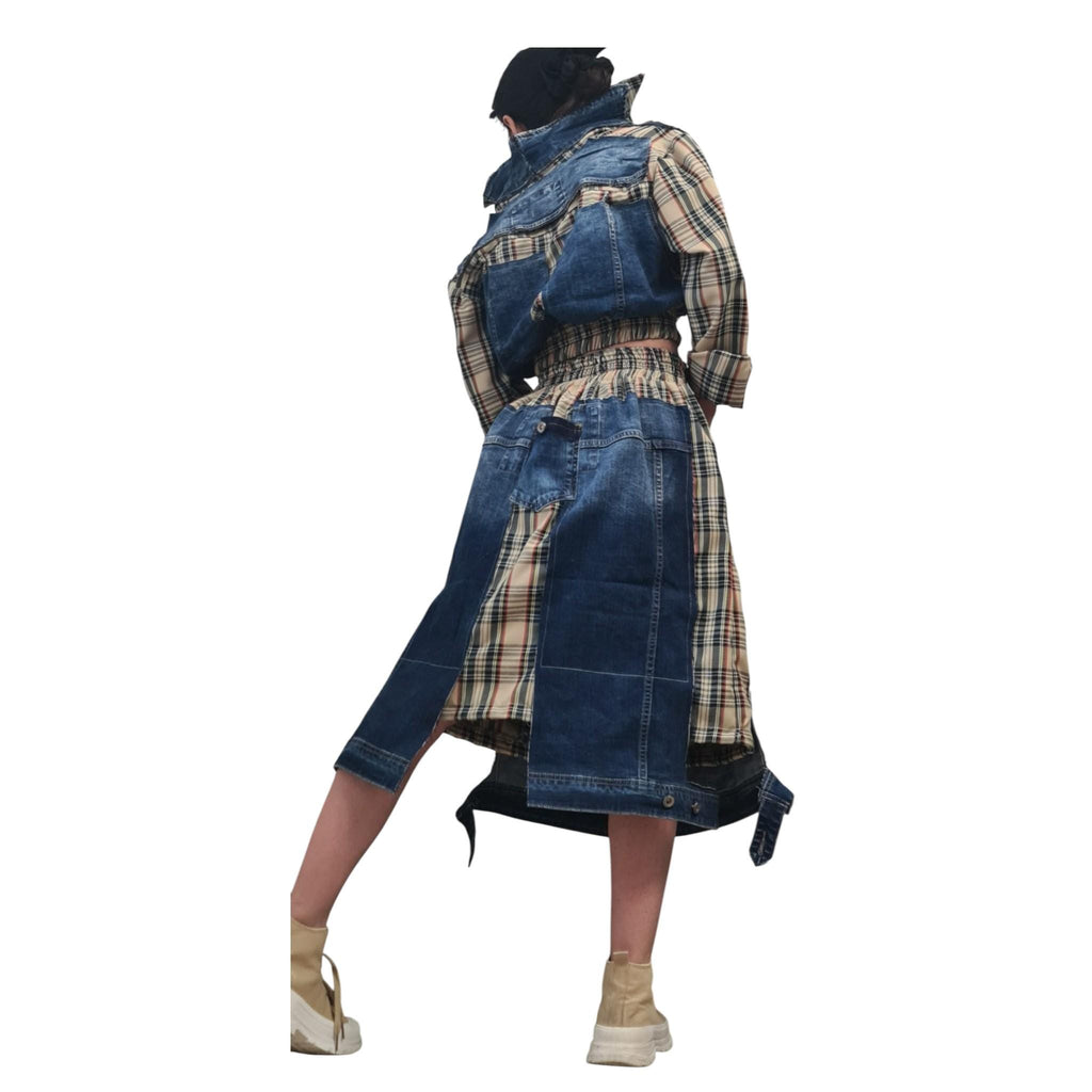 Cotton Denim Plaid Sweatshirt Skirt Set, Extravagant Women Costume