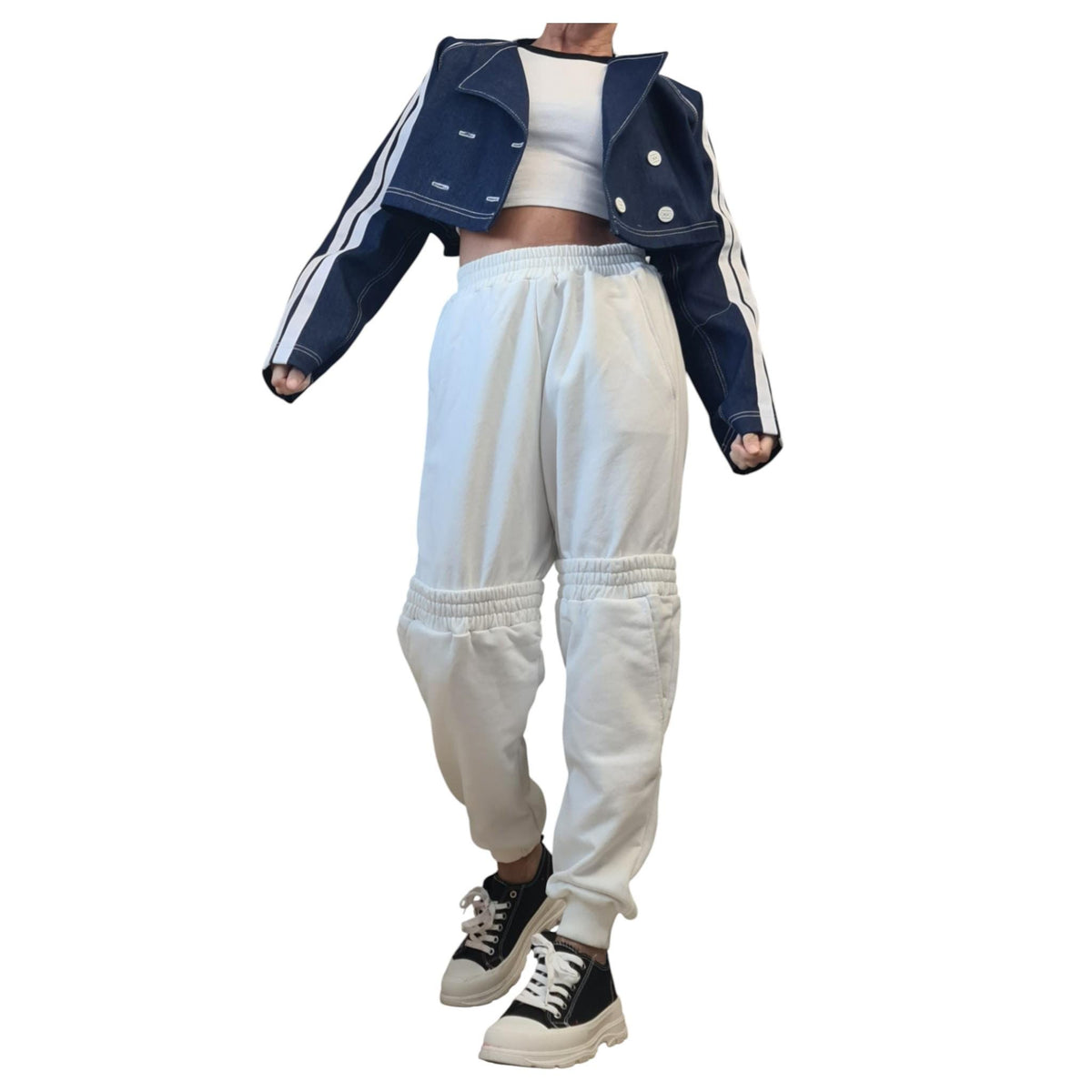 Denim Two Piece Trench Coat, Cropped Jacket and Long Hooded Vest, Oversized Asymmetrical Set