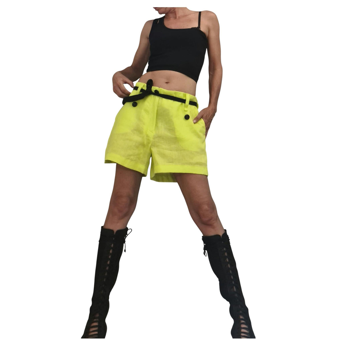 Lime Linen Shorts, Oversized Wide Leg, Summer Bottoms