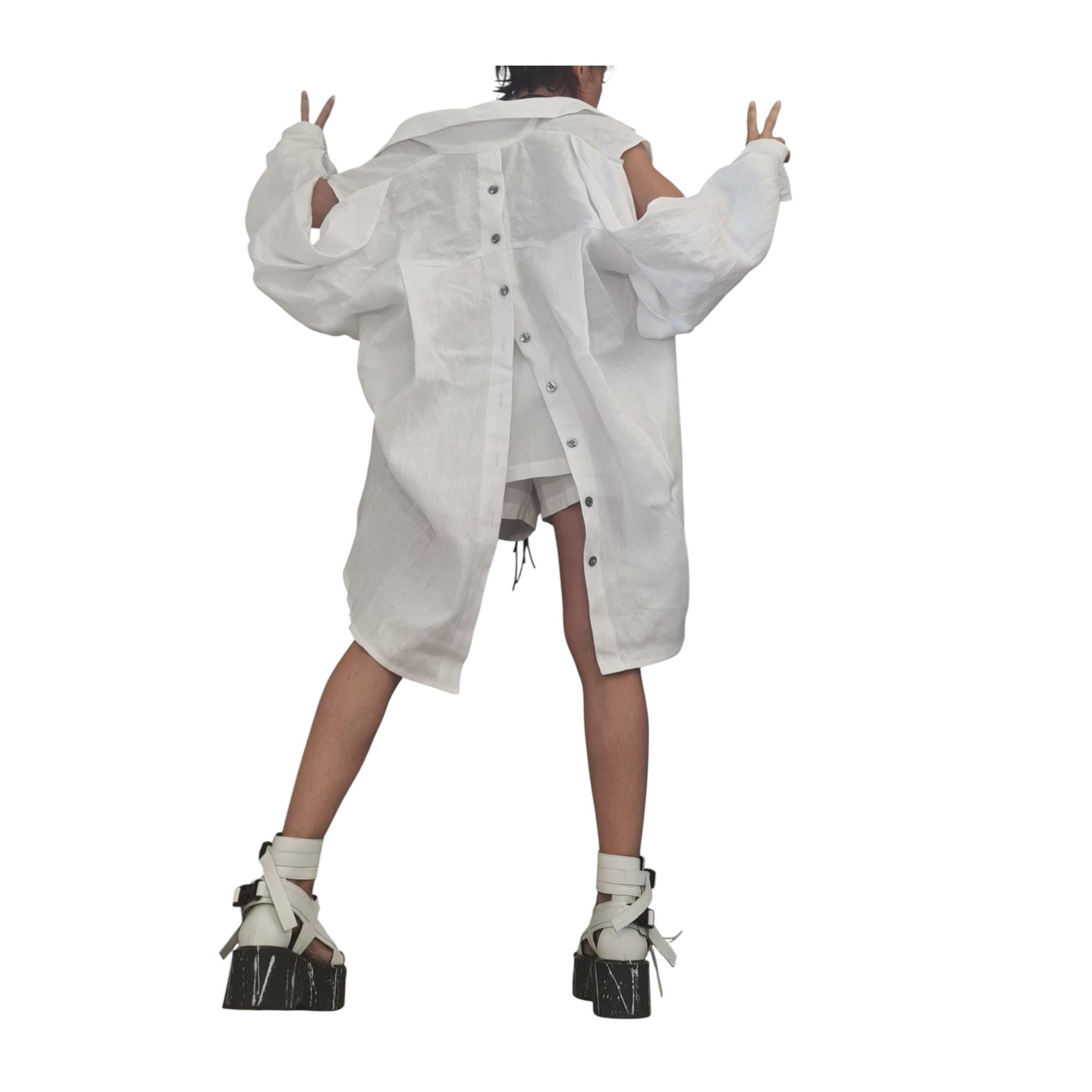 Lavender Linen Oversize Set, Asymmetric Deconstructed Outfit, Open Back Shirt, Layered Shorts Skirt