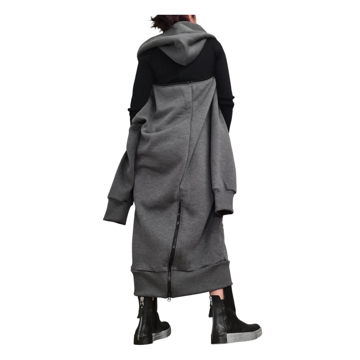 Red Convertible Cotton Maxi Hoodie Dress, Detachable Puff Sleeves, Full Zip Front, Plus Size