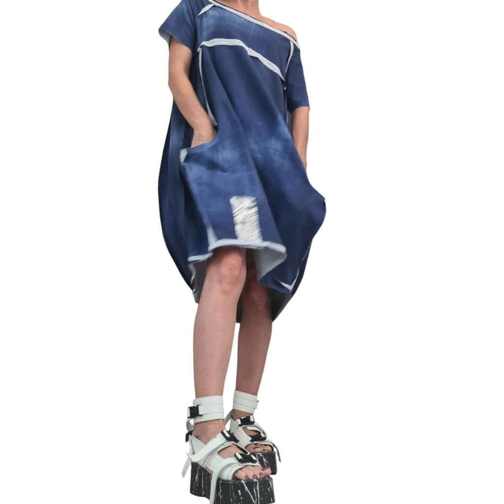 Asymmetric Cotton Tunic, Printed Denim Effect, Avant Garde Plus Size Dress for Women