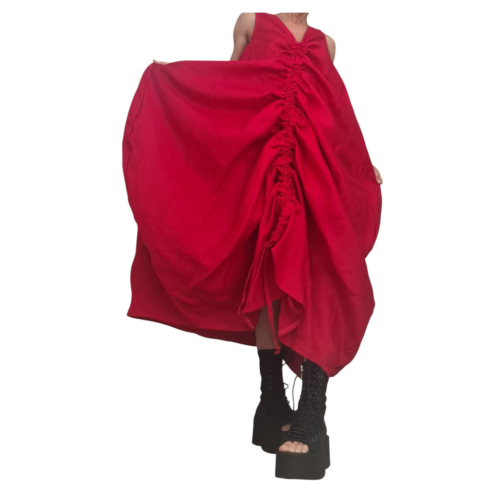 Red Linen Maxi Dress, Corset Detail, Sleeveless Oversized Kaftan, Dress for women