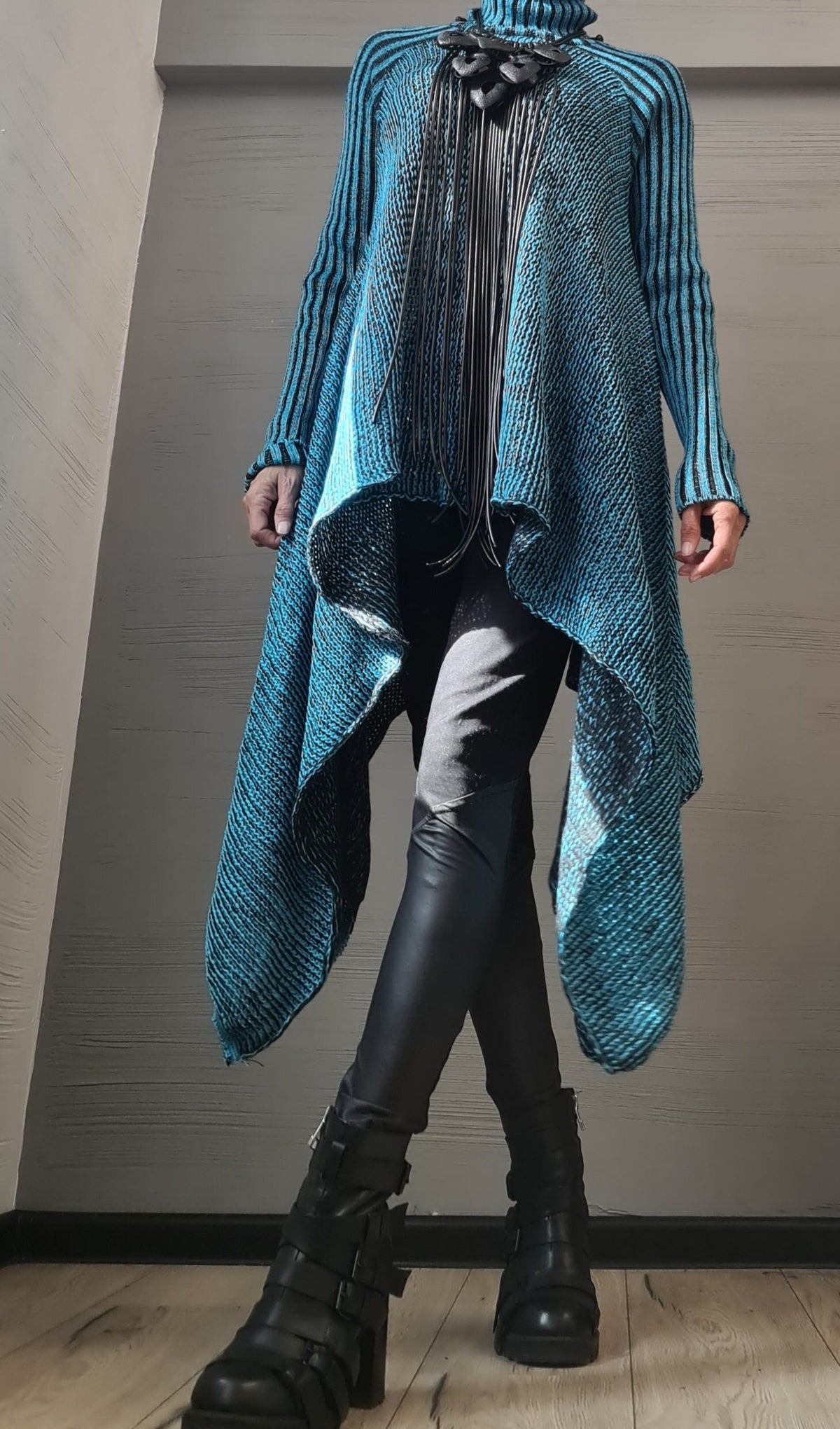 Turquoise Wool Blend Turtleneck Sweater, Asymmetric Knit Blouse, Plus Size Top
