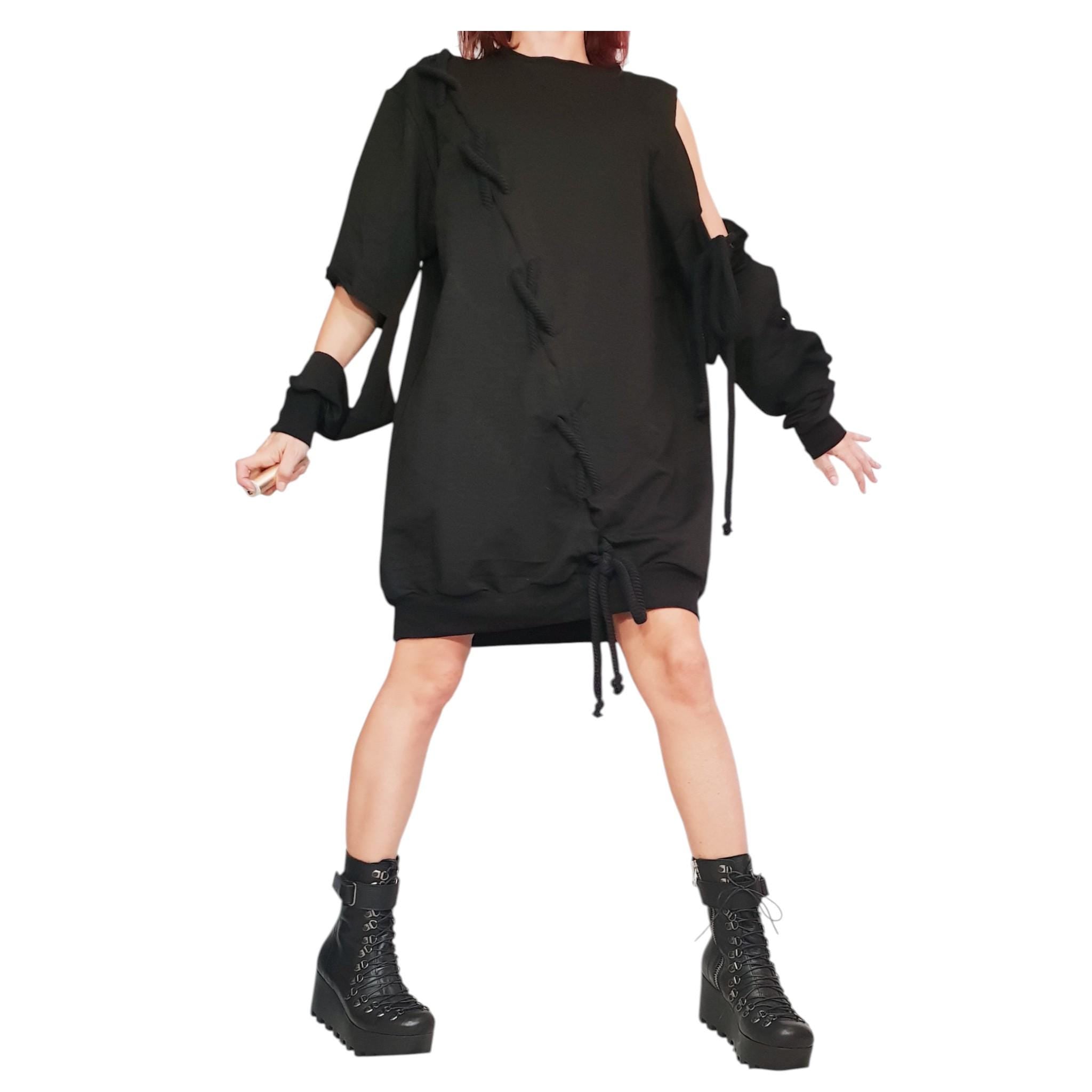 Extravagant Black Dress, Loose Tunic Dress, Plus Size Clothing, Blouson Dress, Asymmetric Dress, Long Sleeve Dress, Knee Length Dress