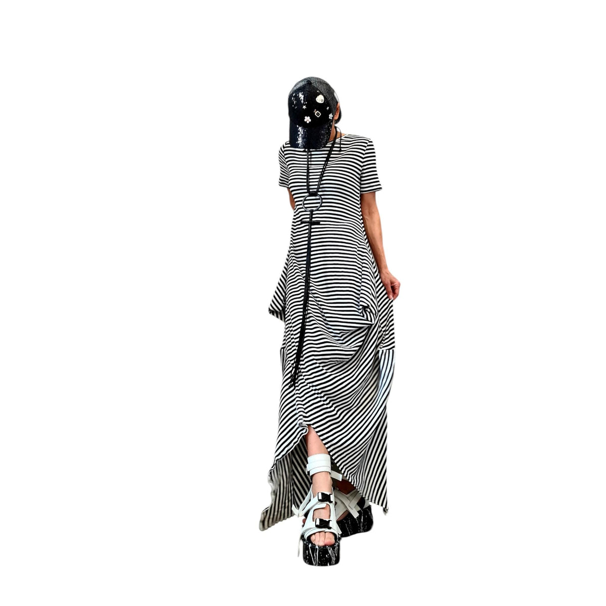Striped Cotton Asymmetric Dress High Low Hem, Oversized Avant Garde Fashion