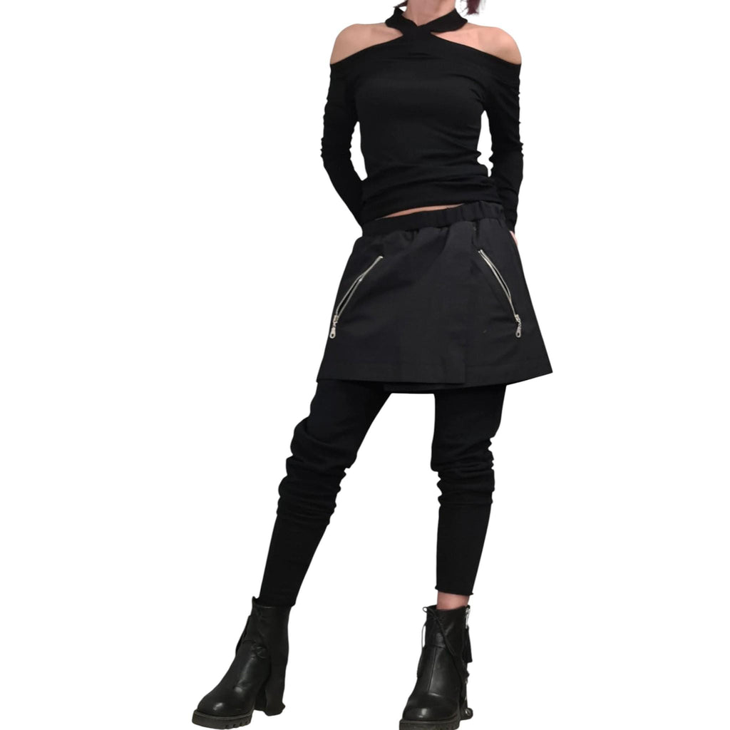Black French Terry Pants, Attached Skirt Panel, Zip Pocket Detail