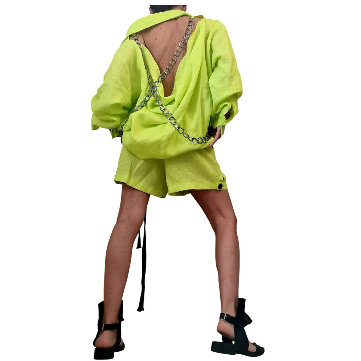 Lime Linen Two Piece Set for Women, Oversized Open Back Shirt, Avant Garde Shorts