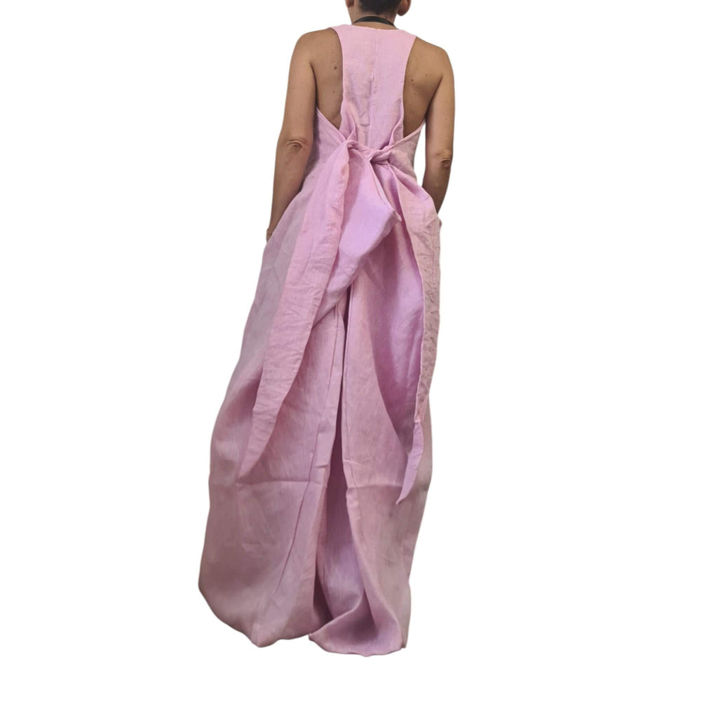 Pink Linen Maxi Dress, Asymmetric Plus Size Kaftan, Open Back Summer Dress
