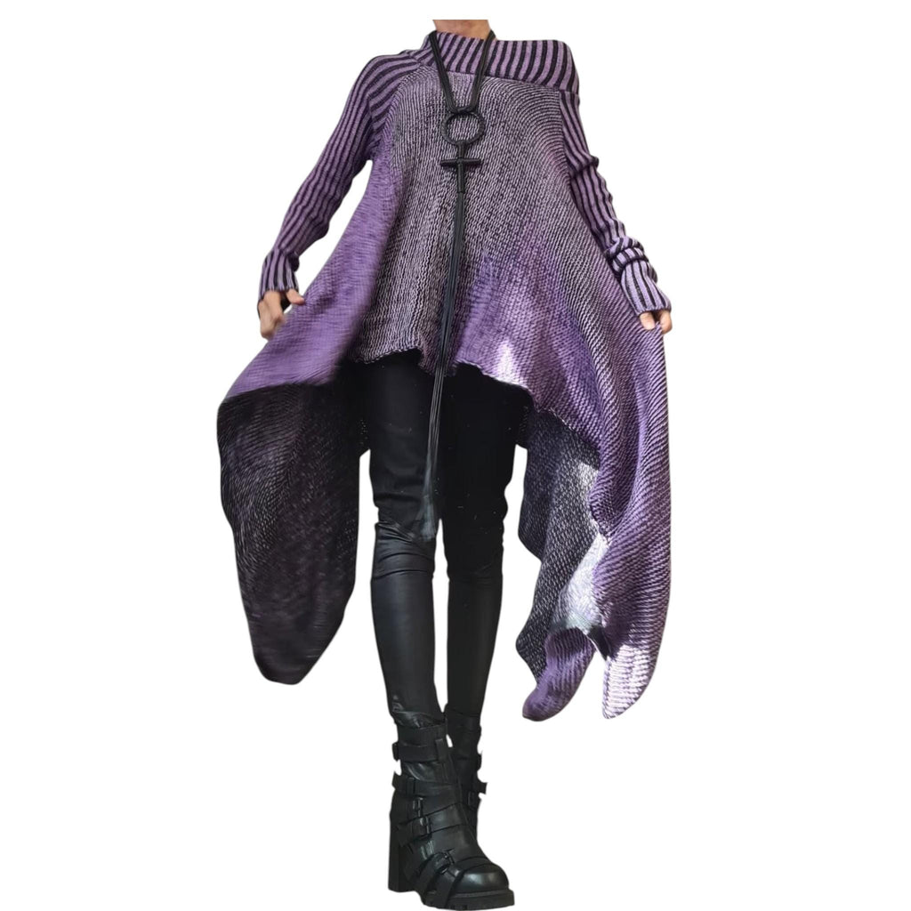Purple Wool Blend Knitted Blouse, Open Shoulder Sweater, Plus Size Long Sleeve Top