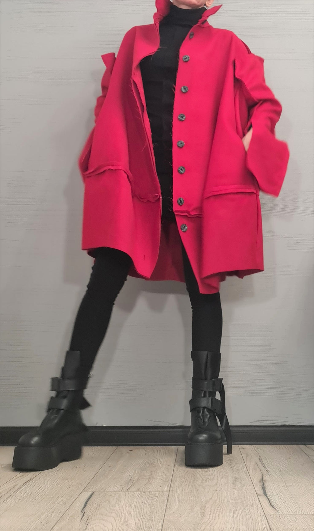 Red Wool Oversized Coat, Knee Length Plus Size Jacket, Deconstructed Sleeves