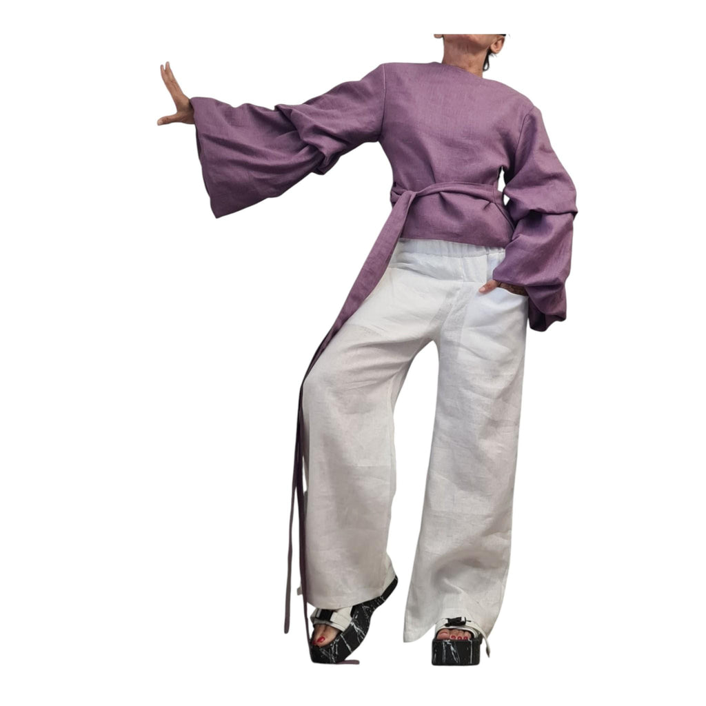 Lavender Linen Wrap Blouse, Reversible Top, Balloon Sleeves, Tie Waist, Oversized Fit, V Neck