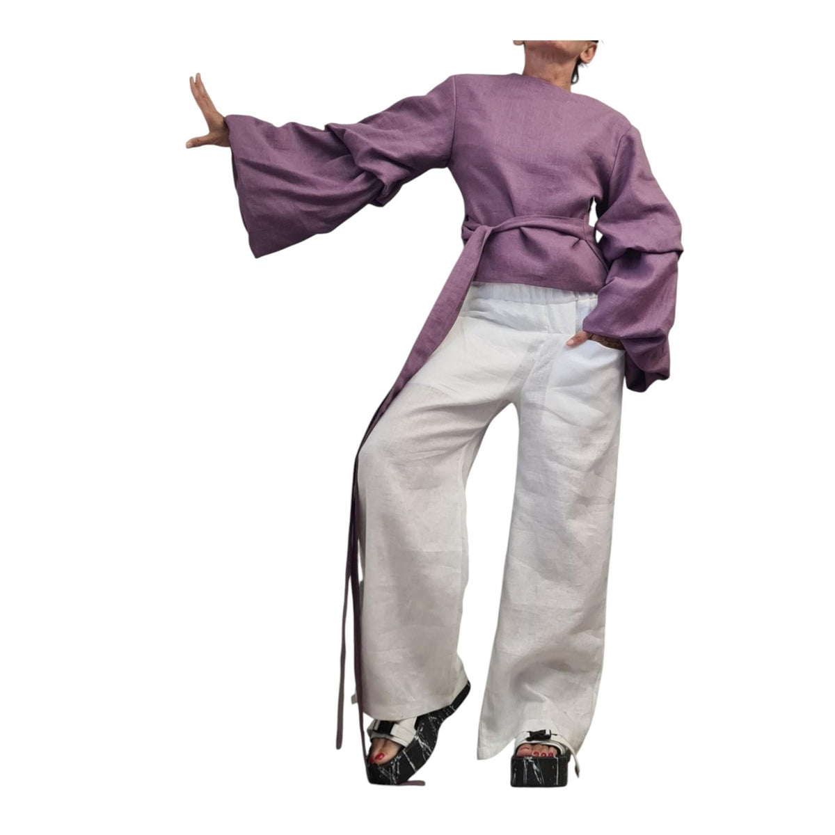 Lavender Linen Wrap Blouse, Reversible Top, Balloon Sleeves, Tie Waist, Oversized Fit, V Neck