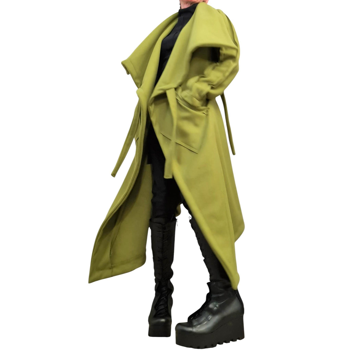 Pistachio Asymmetric Wool Blend Trench Coat, Oversized Wrap Design with Belt, Plus Size