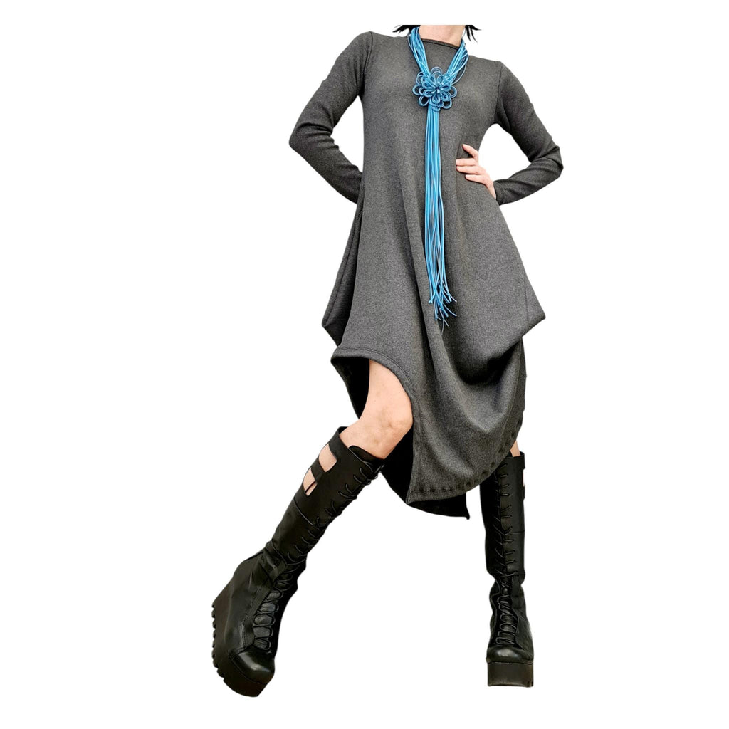 Grey Cotton Rib Dress, Long Sleeve Midi Dress, Avant Garde Loose Fit Kaftan