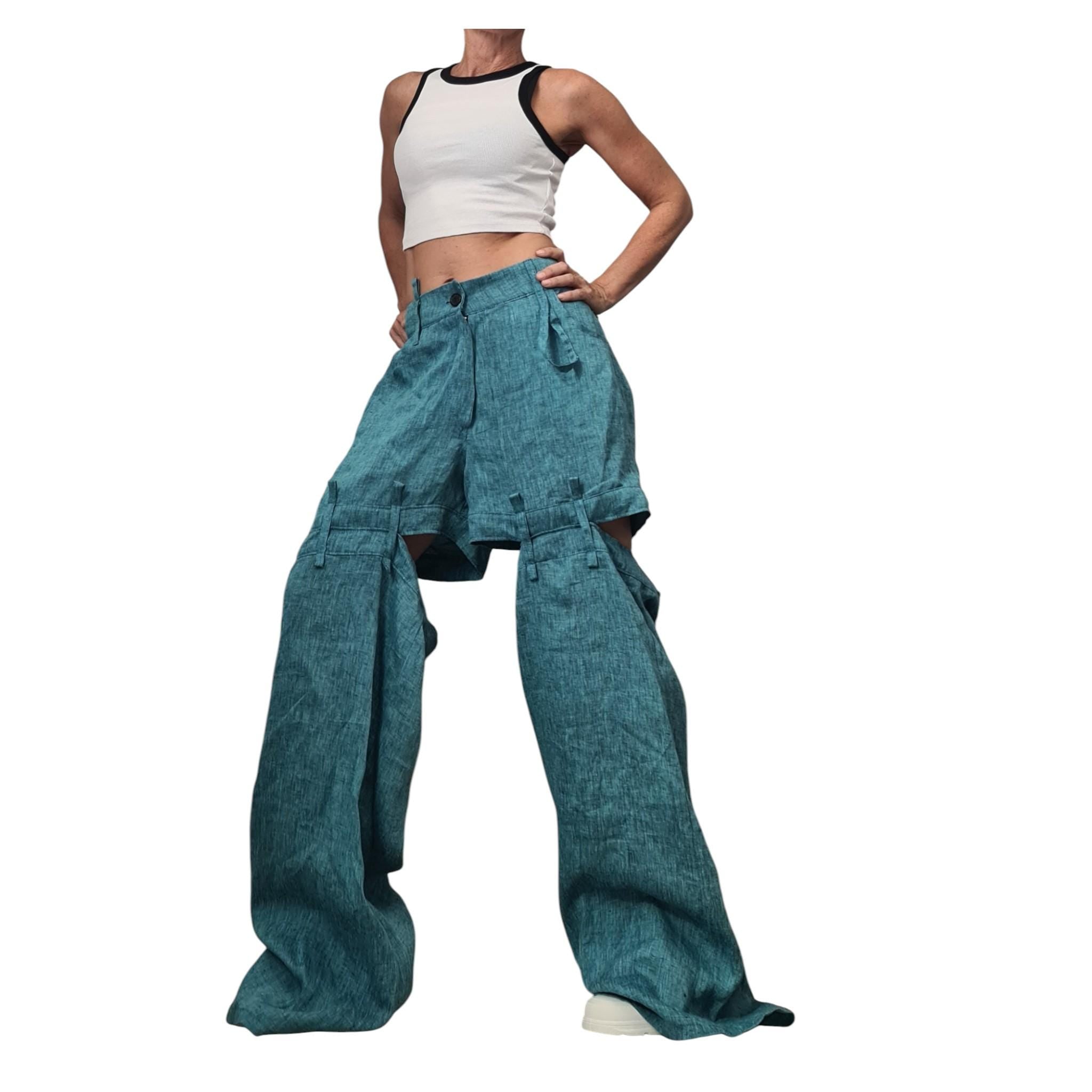 Turquoise Linen Drop Crotch Pants – Modular Linen Trousers