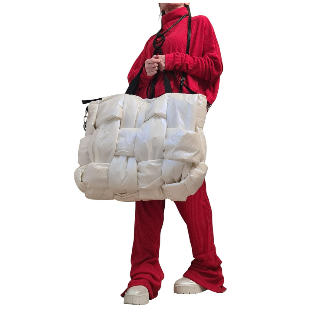White Pearl Puffer Tote Bag | Woven Oversize Design | women’s clothing | statement