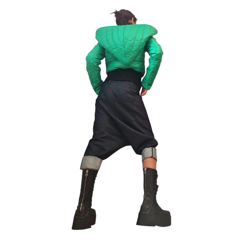 Green Cropped Puffer Jacket, Oversized Big Hood Bomber, Quilted Short Winter Coat