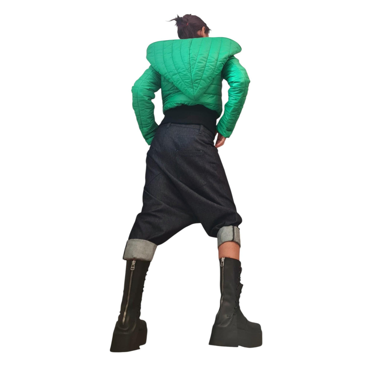 Green Cropped Puffer Jacket, Oversized Big Hood Bomber, Quilted Short Winter Coat