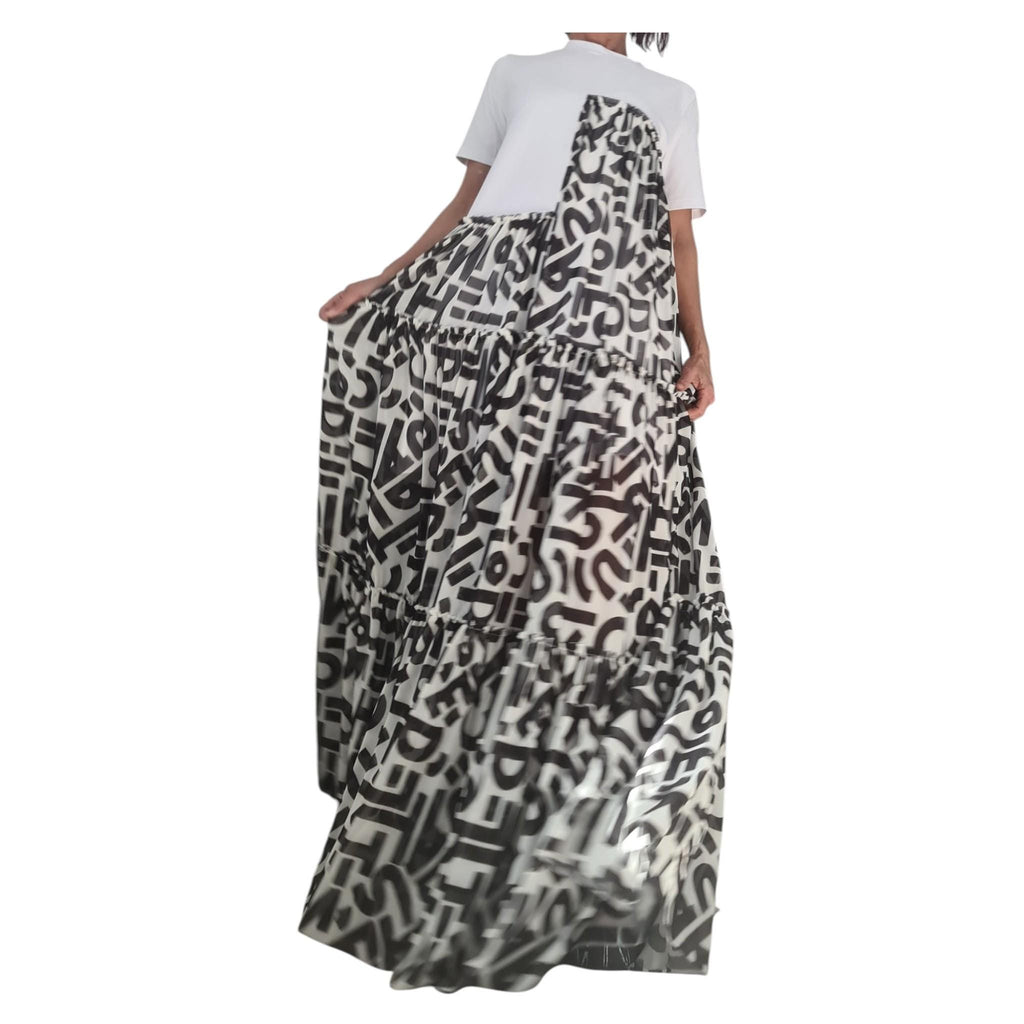 Black White Graphic Maxi Dress, Artistic Tiered T-Shirt, Handmade Summer Clothing