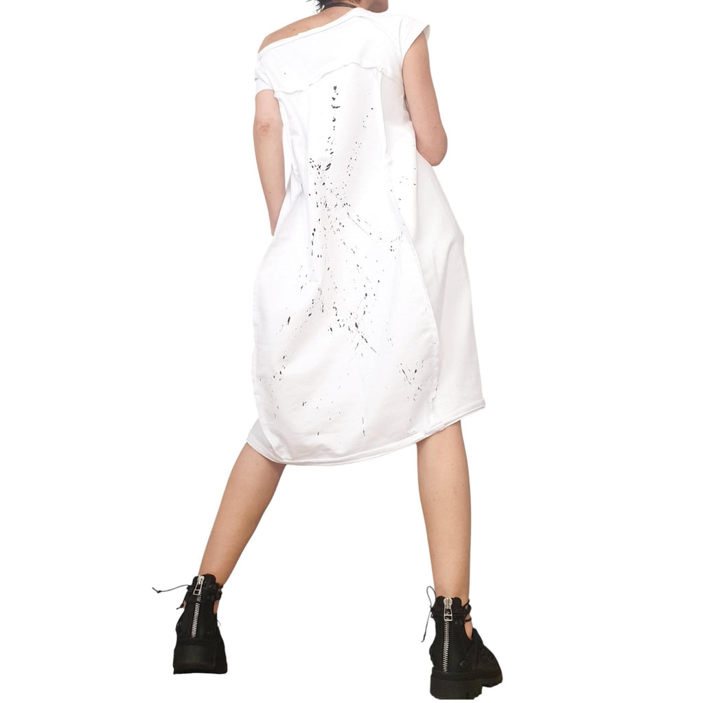 White French Terry Short Sleeve Dress, One Shoulder Oversized Tunic Dress, High Low Silhouette