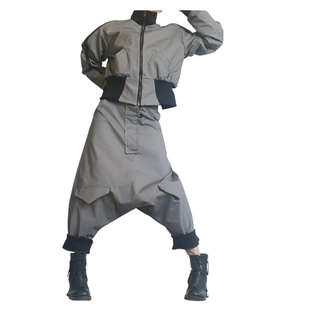 Grey Cropped Winter Bomber Jacket, Off Shoulder Neckline, Back Zip Opening