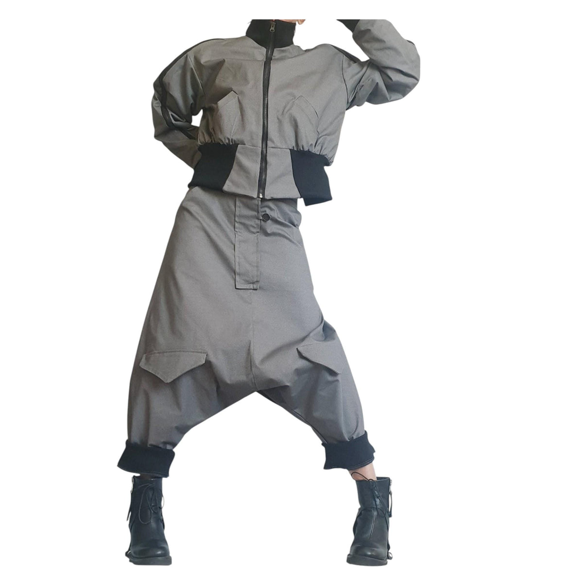 Grey Cropped Winter Bomber Jacket, Off Shoulder Neckline, Back Zip Opening