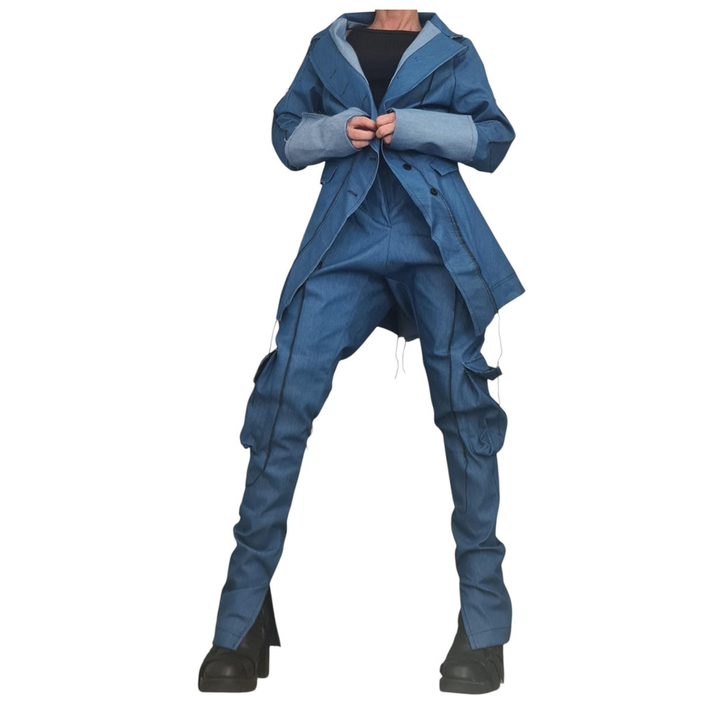 Denim Avant Garde Set, Asymmetric Blazer and Cargo Pants, Deconstructed Extravagant Womens Clothing