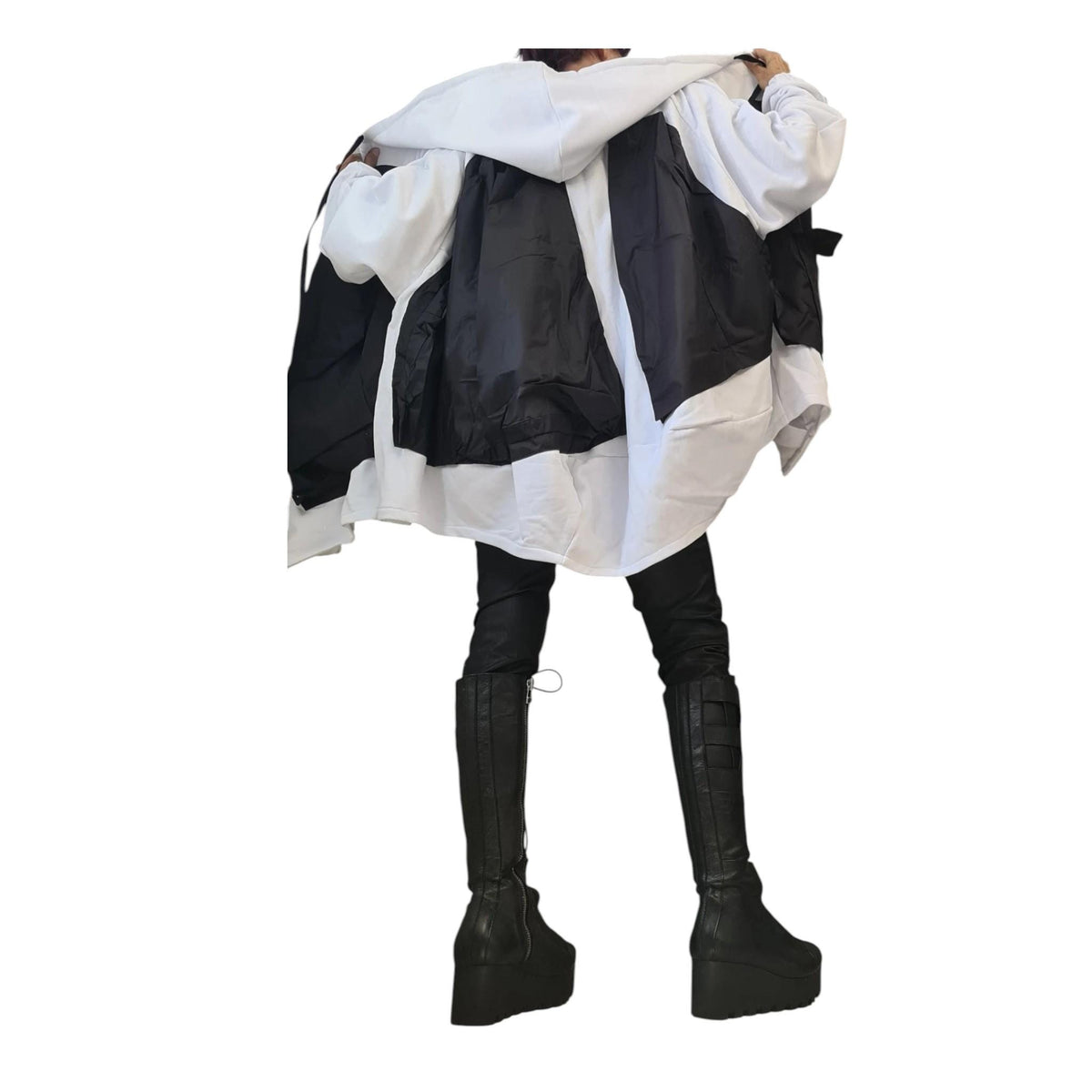 Black and White Asymmetric Cotton Poncho, Oversized Hooded Sweatshirt with Long Sleeves, Plus Size