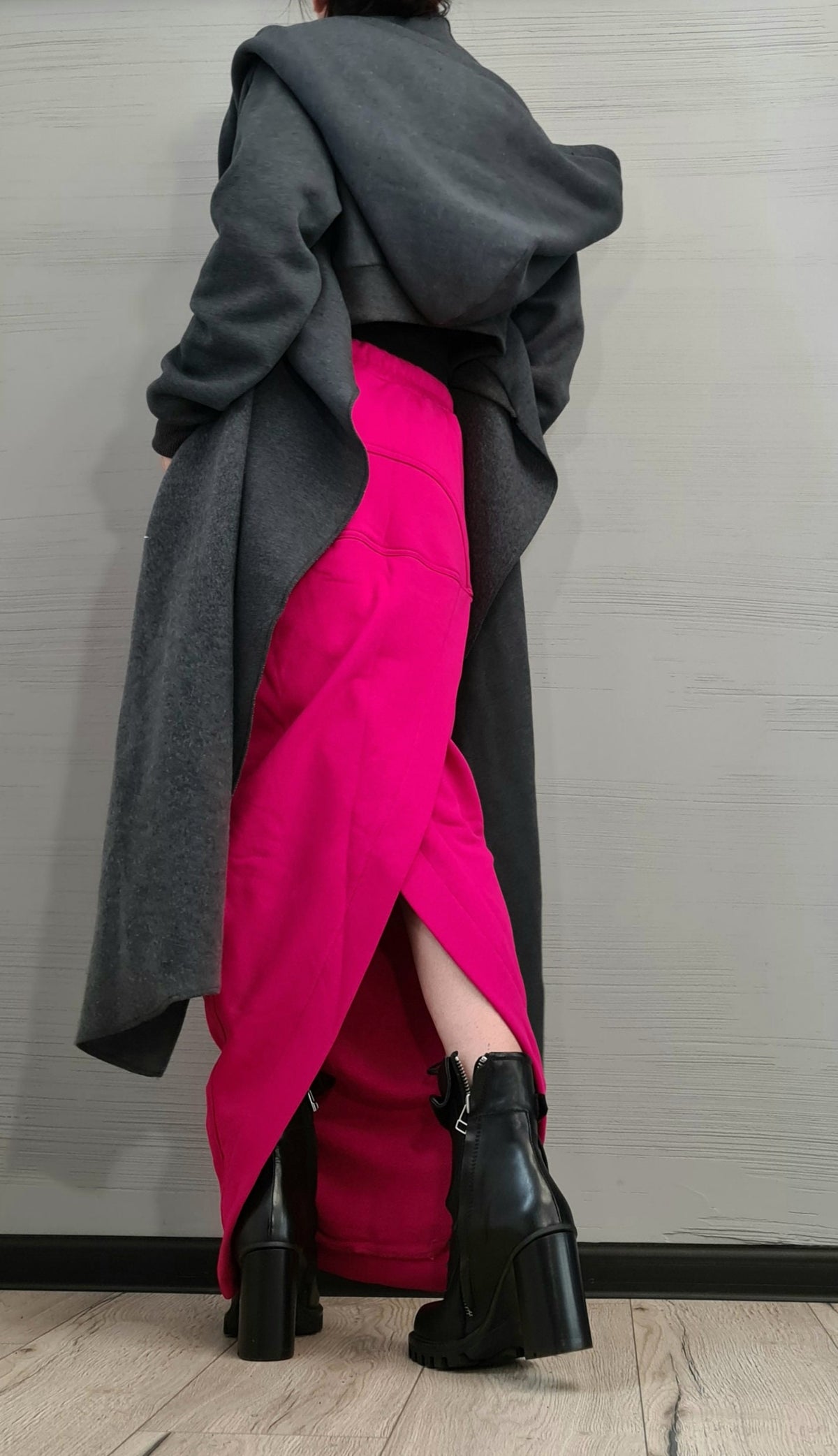Hot Pink Hooded Asymmetric Sweatshirt, Cropped Wrap Jacket, Long Front Tie Cardigan