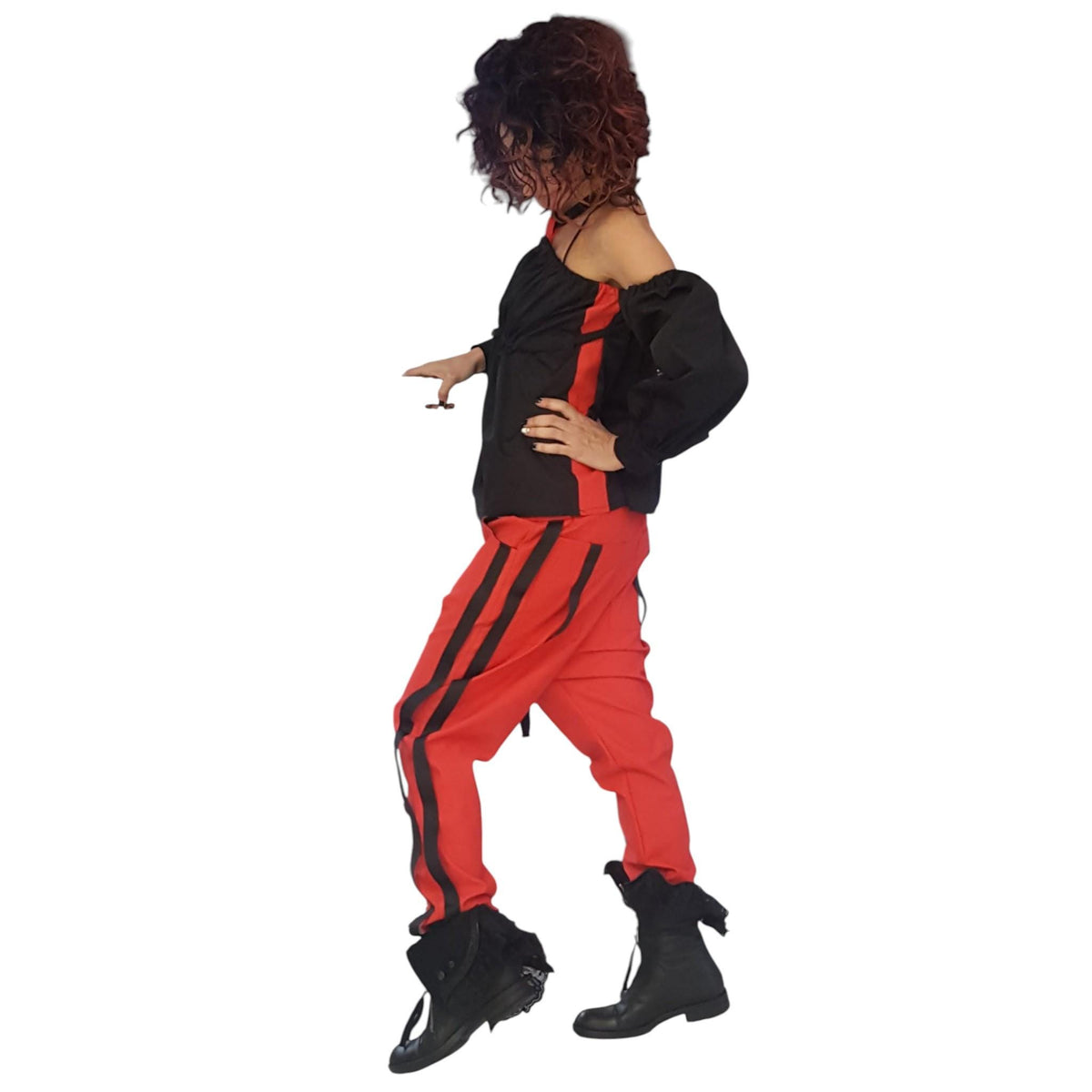 Red Cotton Co-Ord Set, Drop Crotch Pants, Black Cold Shoulder Batwing Blouse