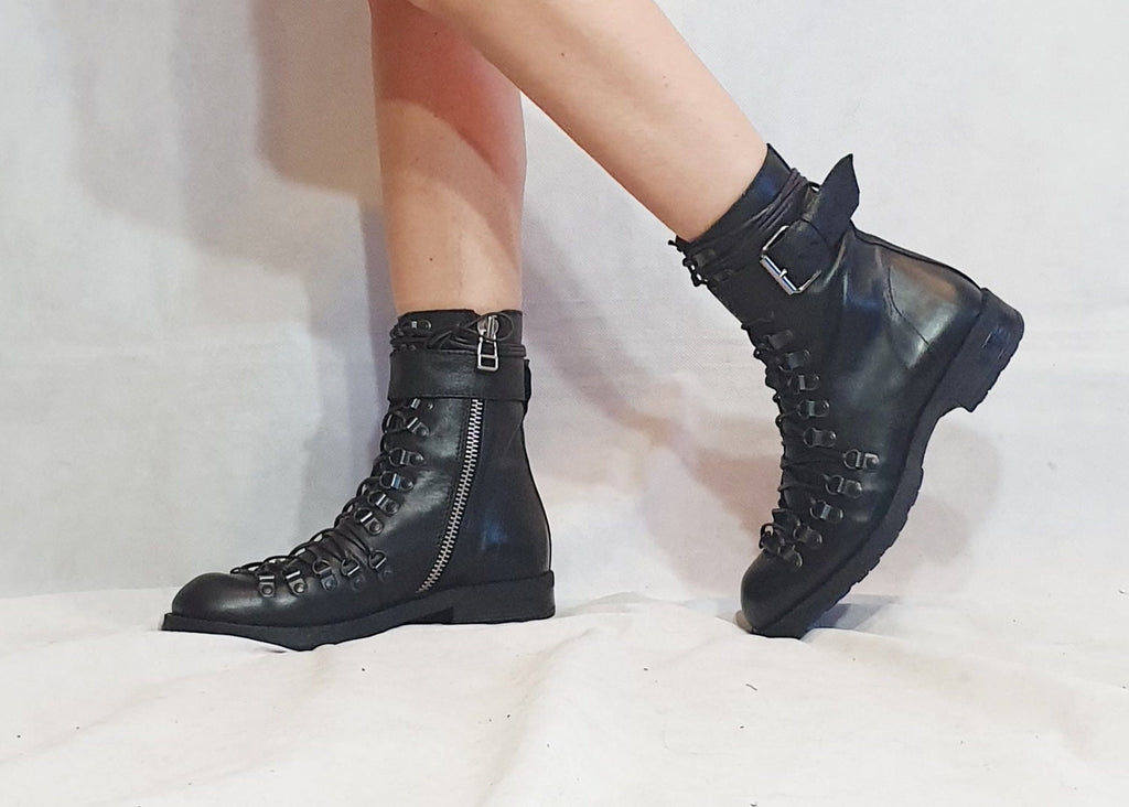 Black Leather Booties, Gothic Steampunk Ankle Boots, Winter Women Shoes