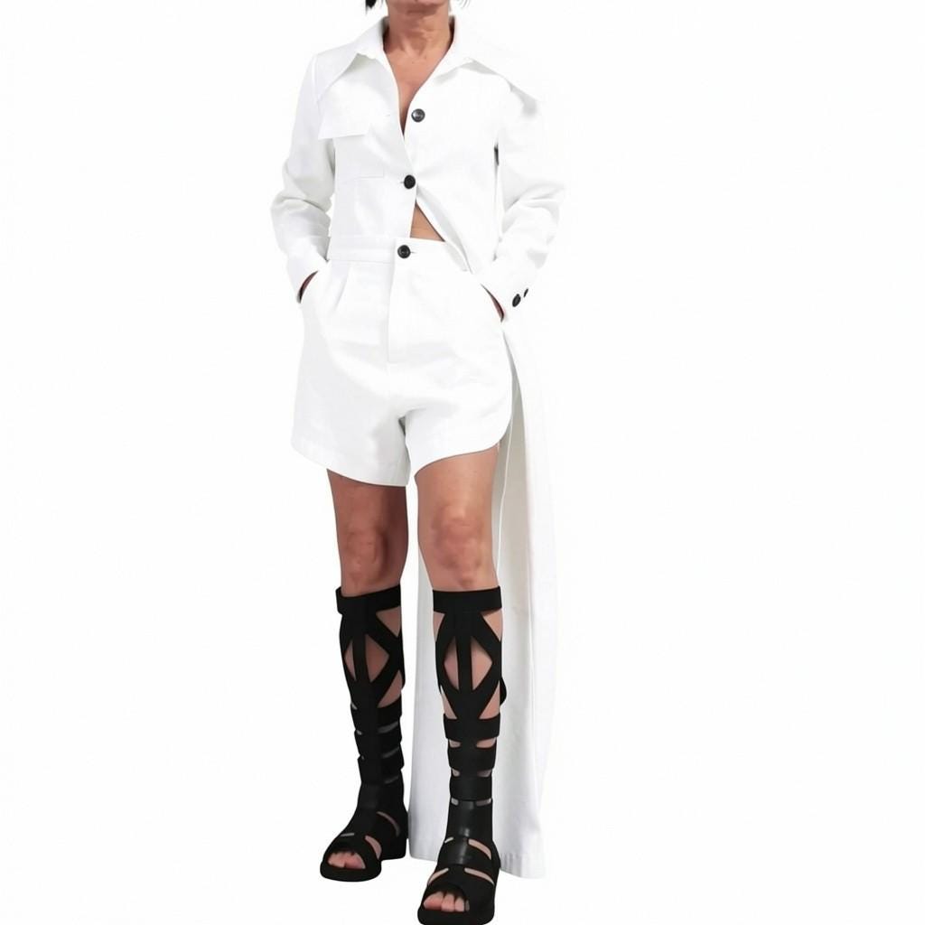 White Linen Set, Bridal Outfit, Asymmetrical Shirt, Beach Wedding Look, Harem Shorts