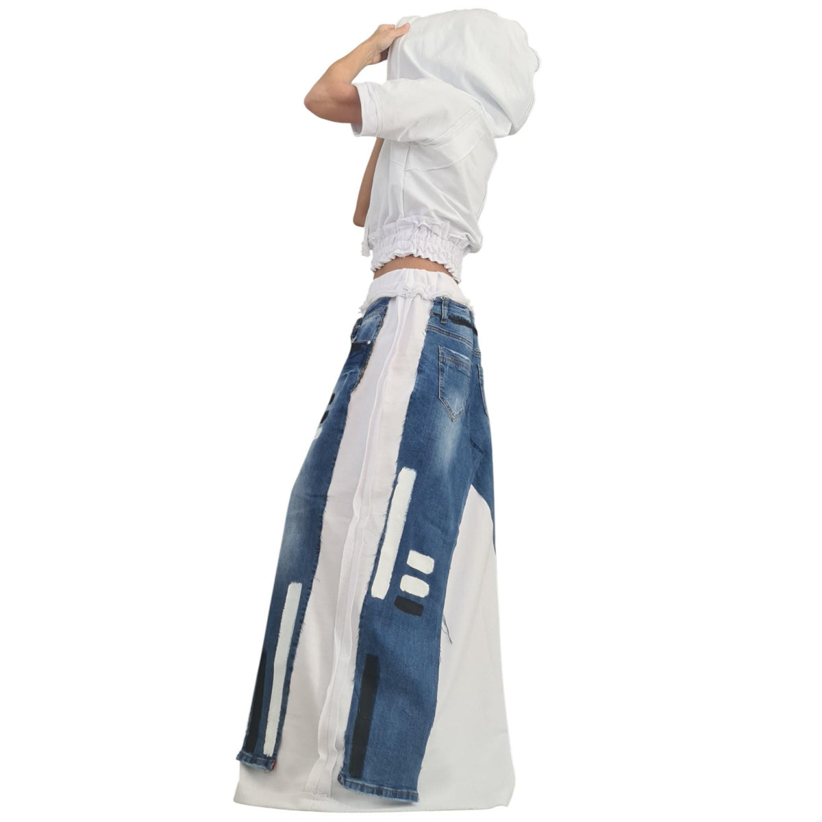 Avant-Garde White Cotton Denim Maxi Skirt, Plus Size Asymmetrical Skirt, Raw Seams, Deconstructed Silhouette