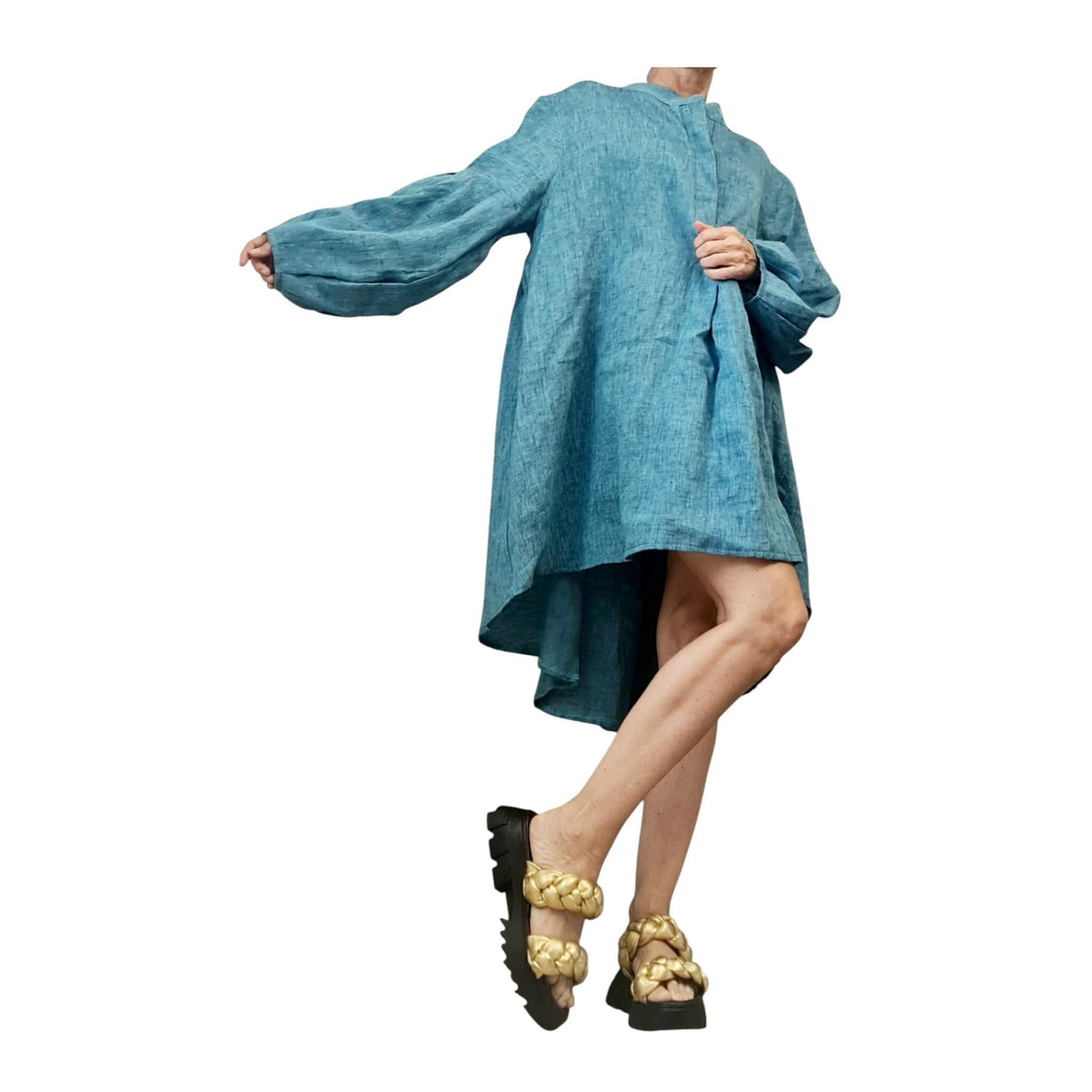 Turquoise Linen Dress for Women, Handmade Clothing, Oversized Asymmetrical Tunic, Balloon Sleeves