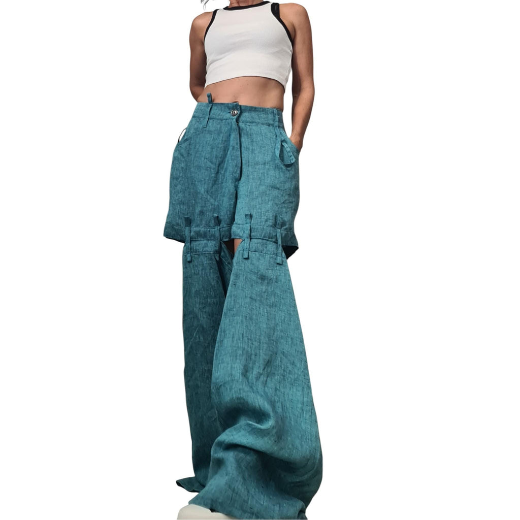 Turquoise Linen Pants for Women, Boho Drop Crotch Trousers, Layered Summer Bottoms