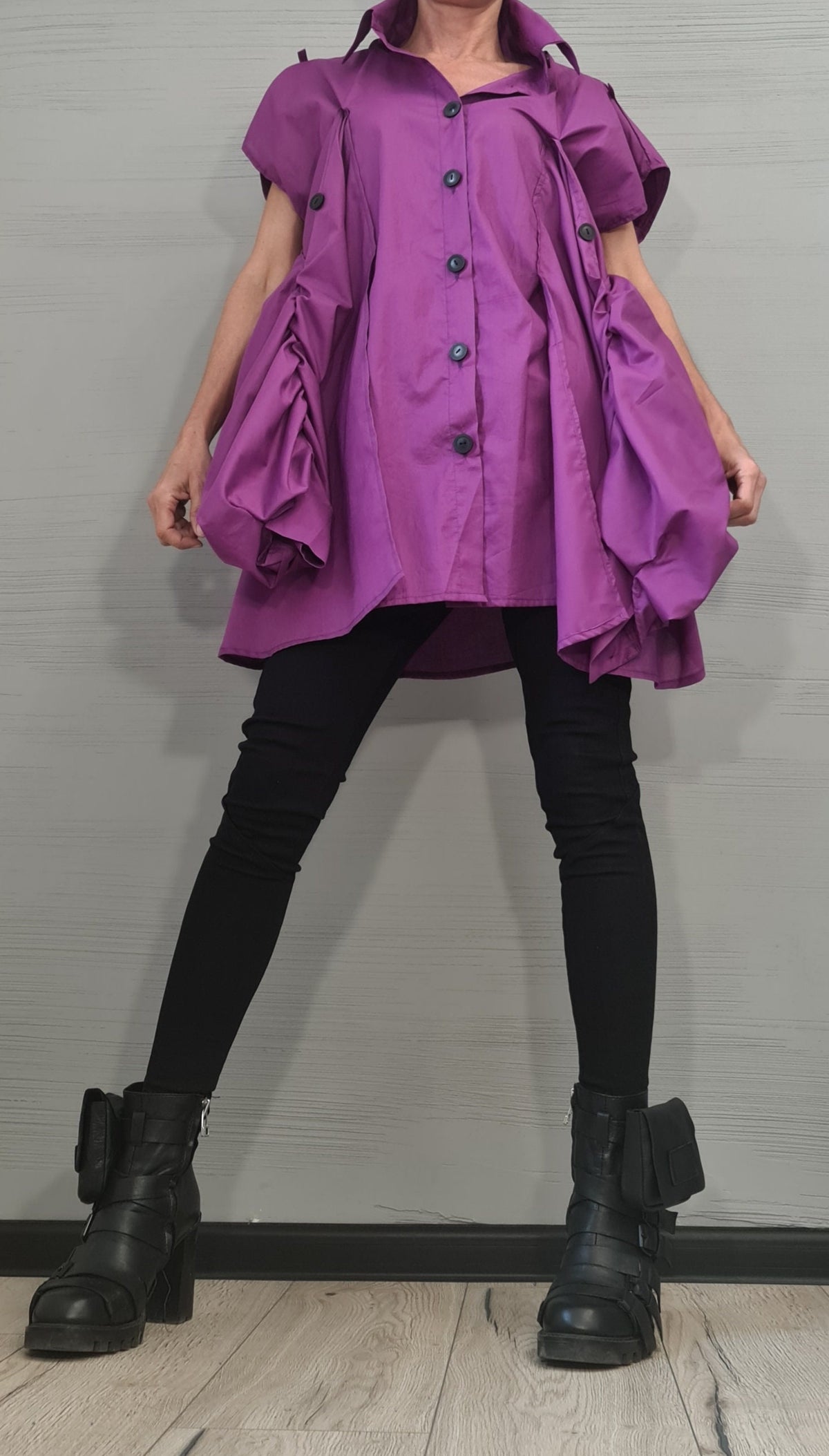 Purple Asymmetric Shirt, Cotton Loose Oversize Tunic