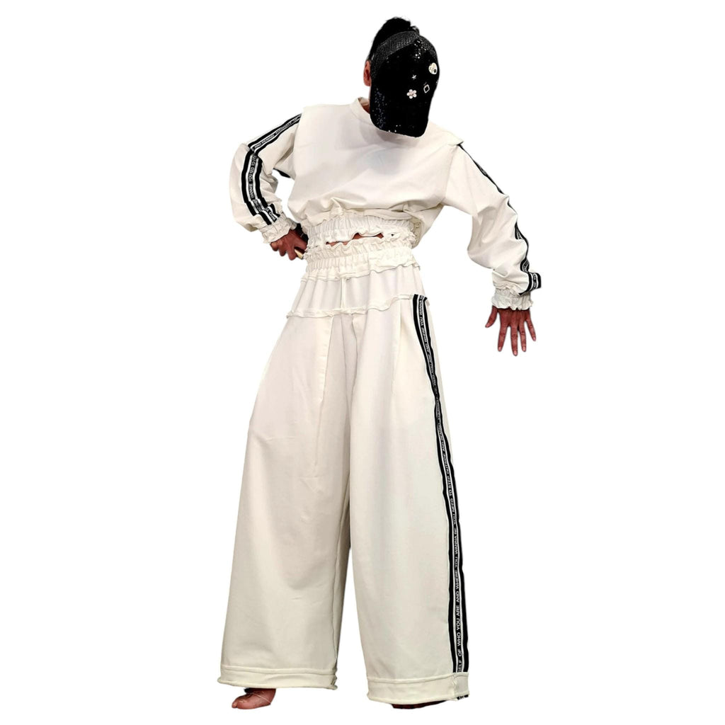 Ivory Cotton Wide-Leg Pants, Oversized Cropped Ruched Blouse, Contrast Side Stripes, Two-Piece Co-Ord Set