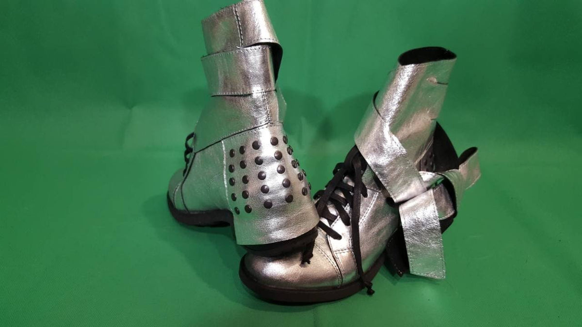 Silver Leather Boots, Grunge Ankle Booties, Steampunk Flat Shoes