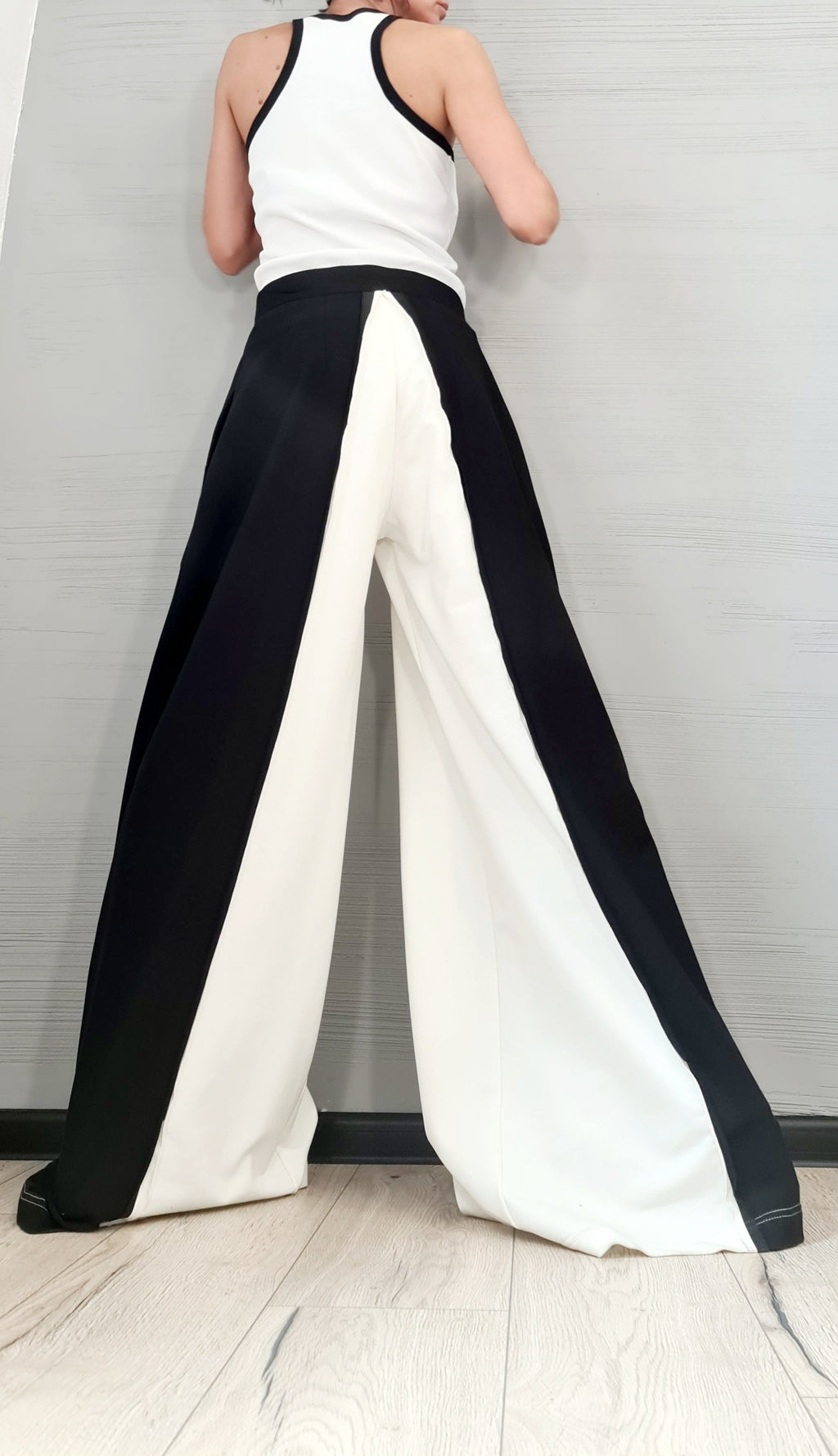 Black White French Terry Pants, Drop Crotch Trousers, Wide Leg Design