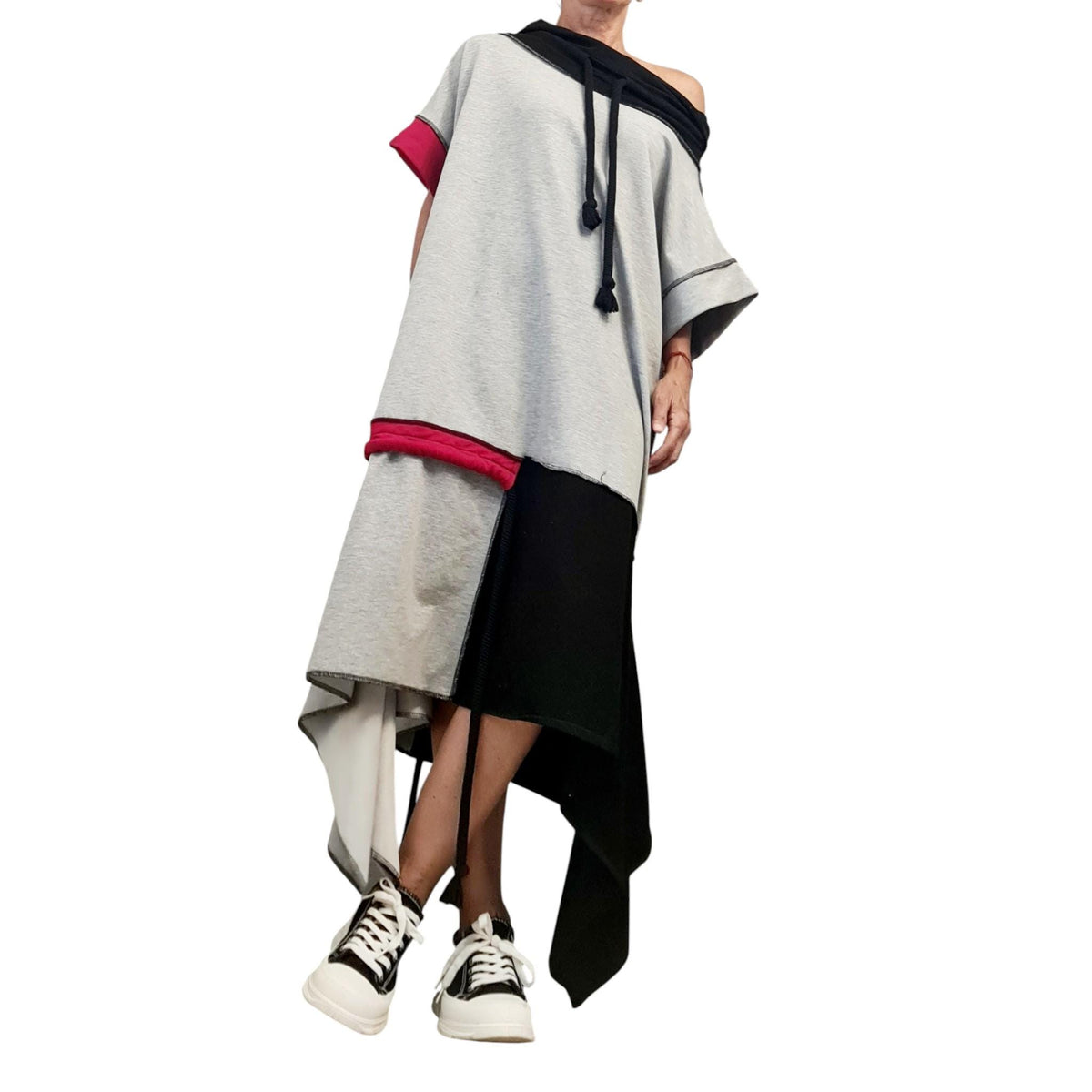 Asymmetric Cotton Patchwork Dress, Oversized Off Shoulder Tunic