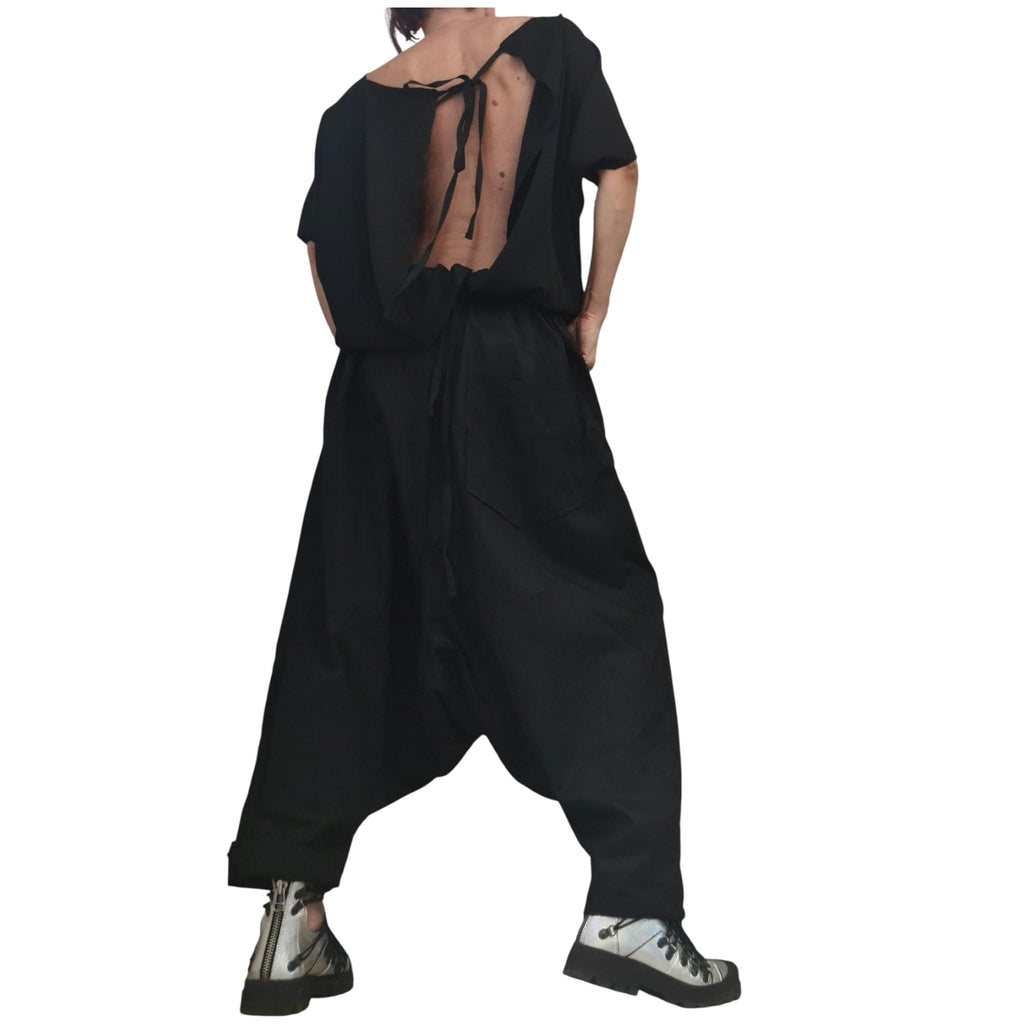 Black Gothic Harem Jumpsuit, Loose Drop Crotch Overall, Open Back Sleeveless Oversize Romper