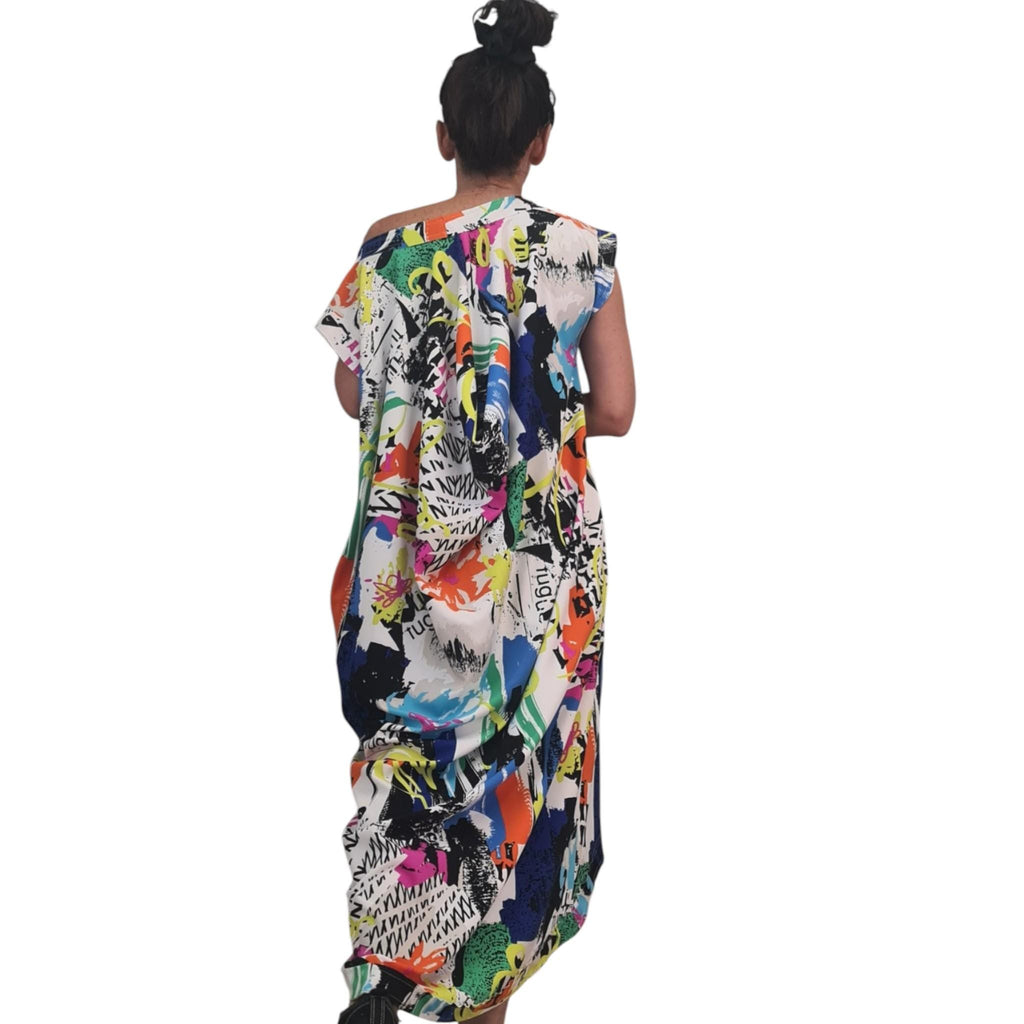 One Shoulder Graffiti Dress: Oversized Cotton with Pockets